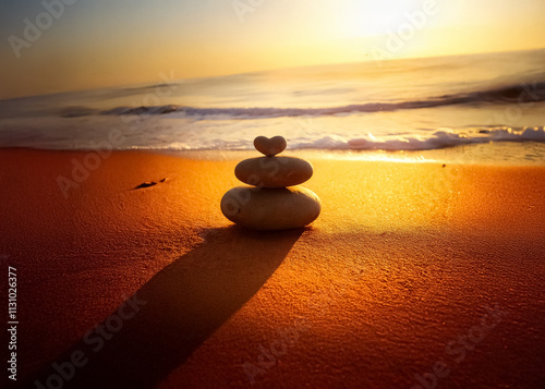 Photo zen galets en pierre devant un couché de soleil sur la plage avec la mer en arrière plan