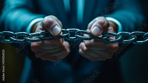 Ai generates powerful visual of businessman breaking chains modern office digital art dramatic lighting motivation concept photo