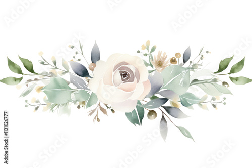Watercolor illustration of a delicate rose and eucalyptus arrangement within a metallic frame, perfect for a wedding invitation template