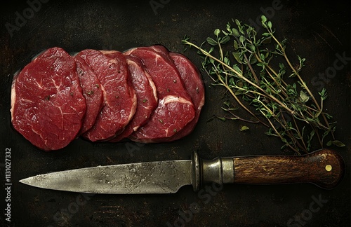 A top view of a traditional barbecue-aged venison backstrap roast, sliced and garnished with herbs, displayed on a large knife against a rustic background with ample copy space.