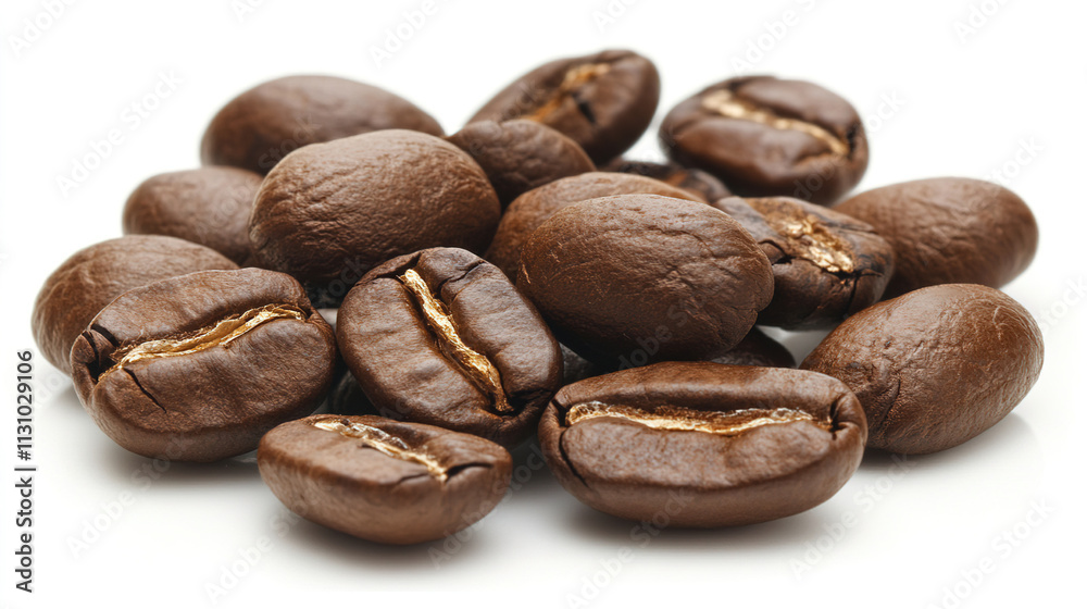 Obraz premium Dark roasted coffee beans scattered on a white surface, showcasing their rich color and texture from various angles. Generative AI