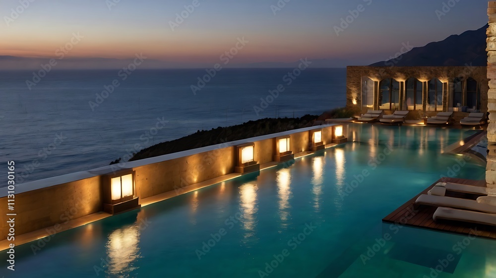 Fototapeta premium Swimming pool, sunset and hotel.