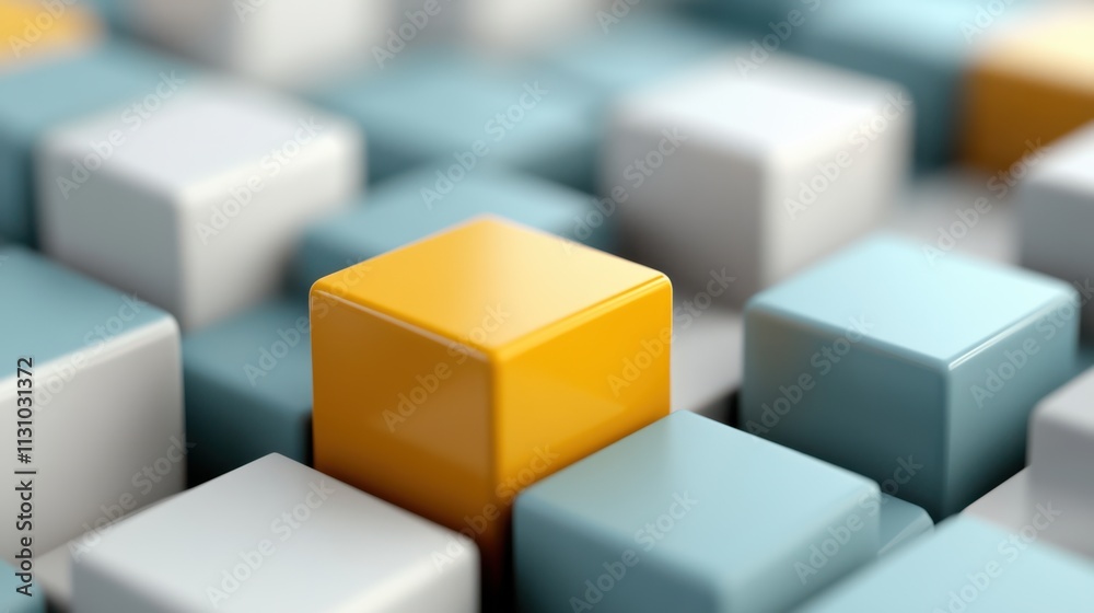 Fototapeta premium Minimalist arrangement of interlocking geometric shapes in pastel tones with a standout yellow cube.