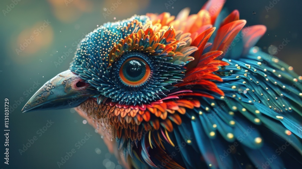 Obraz premium Stunning close up image showcasing the vibrant iridescent feathers of a tropical bird in exquisite detail