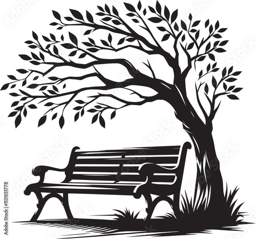 Wooden bench beside a beautiful tree branch silhouette vector illustration isolated on a white background