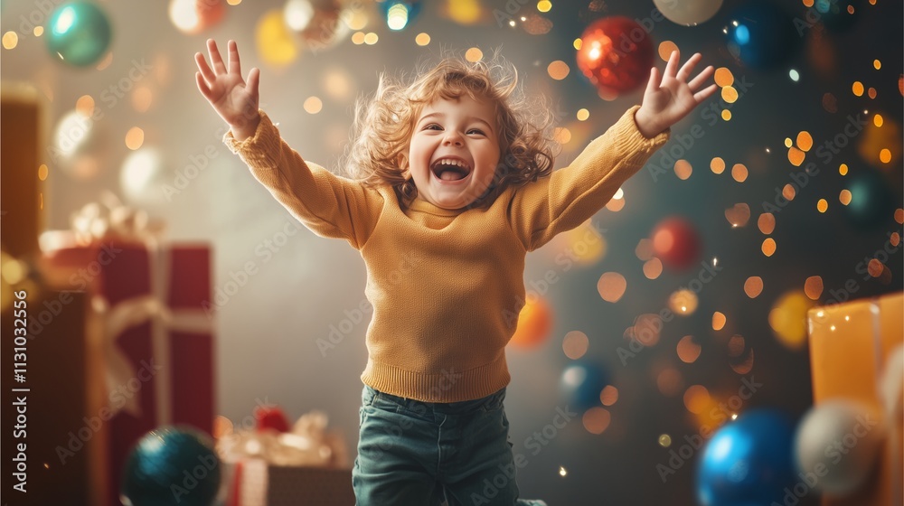 Fototapeta premium child jumping with joy after receiving a present,