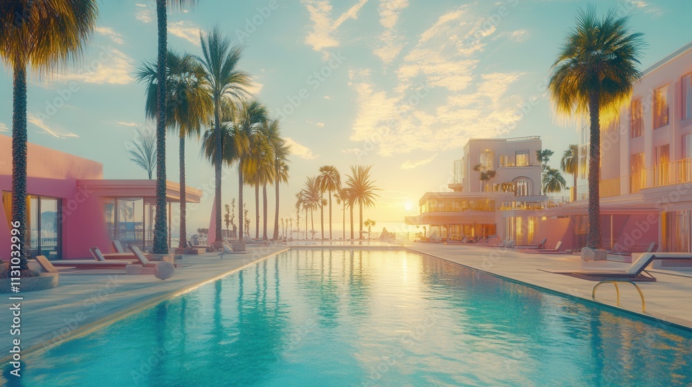 Fototapeta premium Serene Sunset at the Luxurious Pink Paradise Resort: A Tropical Getaway Dream