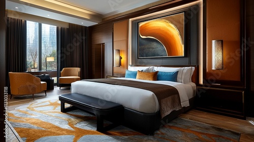 Elegant and Modern Hotel Bedroom with Cozy Furniture, Stylish Artwork, and Soft Lighting in a Luxurious Urban Setting