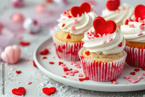 Valentine s Day cupcakes with heart decorations on a white plate Love theme photo