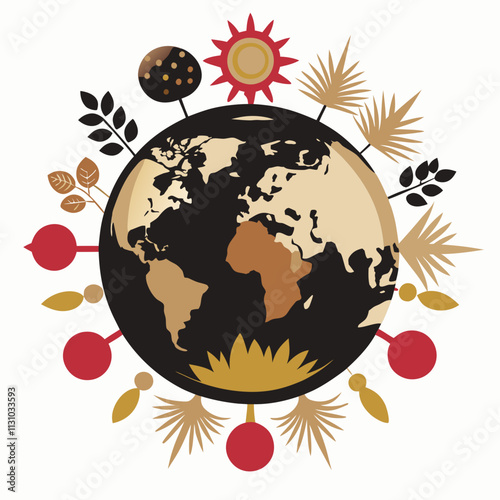 earth globe with artistic elements and abstract floral designs 