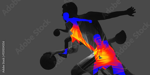 Layered composition of basketball player in motion with ball, combined with abstract overlay of orange and blue on grey background. Contemporary art collage. Concept of sport, creativity. Poster, ad photo