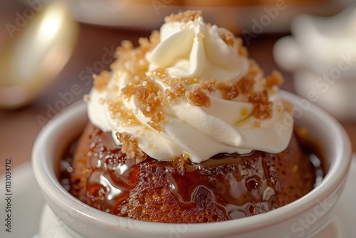 Vanilla whipped cream atop English toffee pudding in a detailed shot photo