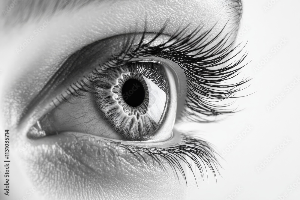 Fototapeta premium Close-up view of a human eye showcasing intricate details in black and white