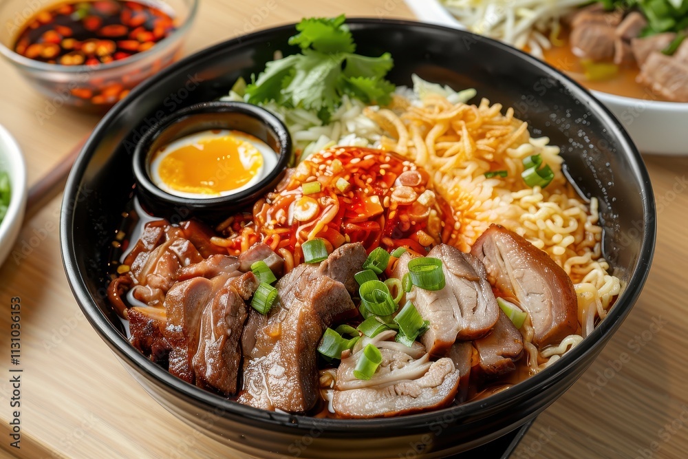 Fototapeta premium Various noodle and rice dishes with pork and chili sauce on a wooden table traditional Taiwanese cuisine