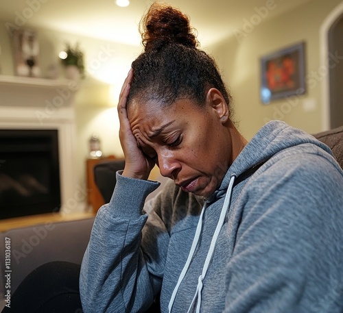 An African woman, troubled by mental health problems, sits on her living room couch in Chicago, dealing with stress, anxiety, and a deep sense of dread about the future.