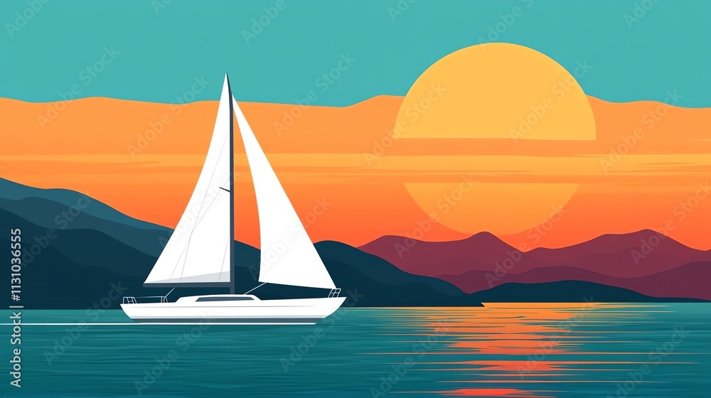 Fototapeta premium Sailing boat on sunset ocean view.