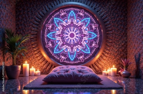 Meditation altar with crystals, candles, and a sacred geometric mandala, enveloped in soft light to enhance spiritual practice and inner peace.
 photo