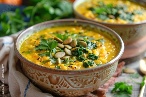 Vegan curry cauliflower soup topped with pumpkin seeds and parsley photo