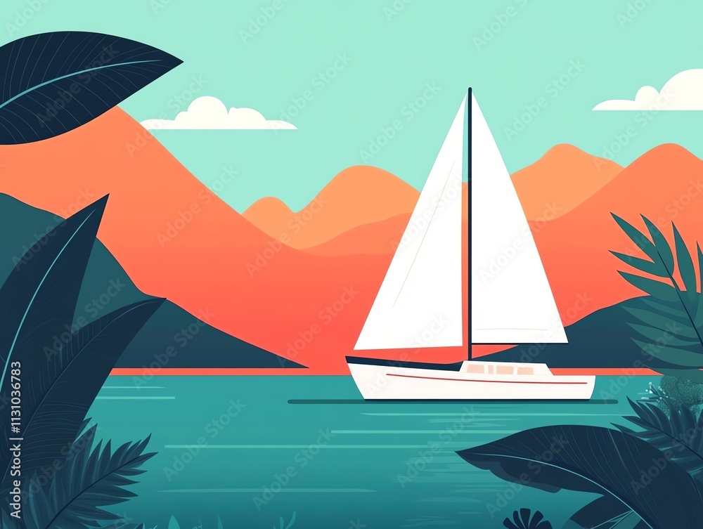Naklejka premium Sailing boat on serene tropical waters.