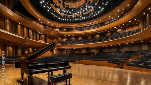 Grand Concert Hall: A grand piano sits center stage in an expansive, acoustically perfect concert hall, bathed in warm light, ready for a performance of breathtaking artistry.