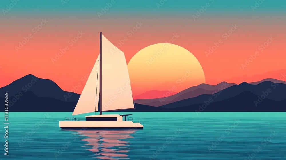Fototapeta Sailboat at sunset on tranquil waters.