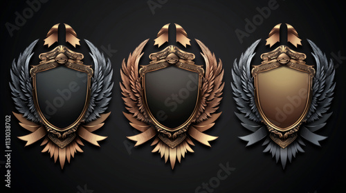 Game award shields with winged heraldic design, colorful ribbons and empty space. Bronze, silver and golden blank templates for achievement badges, avatar ranks or medals in medieval interface. photo