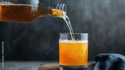 A bottle of kombucha being poured into a glass, with a fizzy, healthy probiotic drink swirling inside. photo