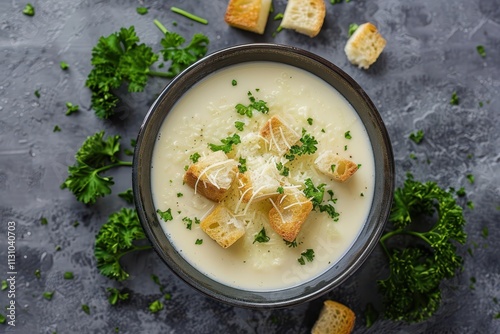 Vegetable soup with parmesan and croutons on grey background from above