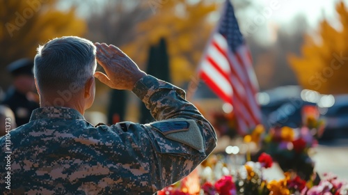 Veterans Day ceremony with a soldier saluting, an American flag in the background, and a crowd holding flowers