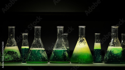 Chemistry measuring glass beakers filled with liquid from green to transparent color. Realistic set process of discoloration and purification in round laboratory flask. Science test tube and glassware photo