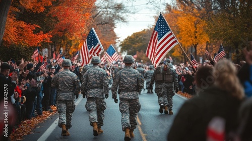 Veterans Day parade with military personnel in uniform, waving flags, and a crowd cheering with pride