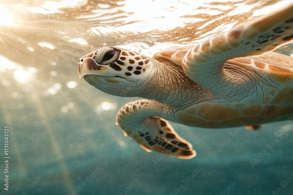 Fototapeta premium Underwater view of a sea turtle swimming gracefully in clear ocean waters with sunlight filtering through the surface