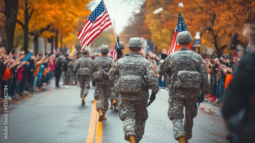 Veterans Day parade with military personnel in uniform, waving flags, and a crowd cheering with pride