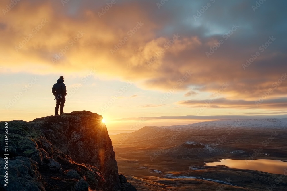 Fototapeta premium Hiker enjoying sunrise view from rocky cliff in Iceland during early morning hours
