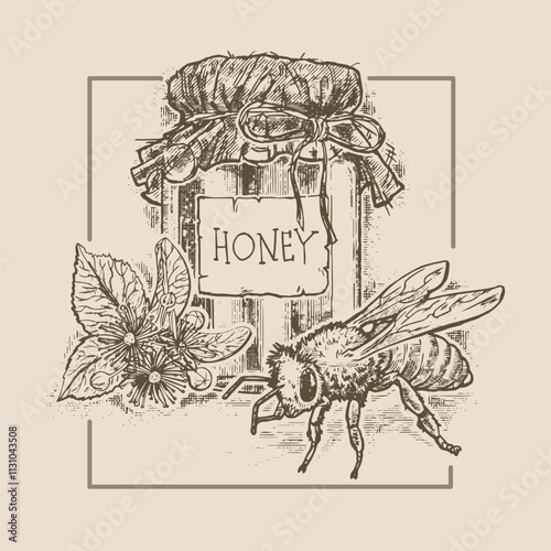Linden honey, illustration in the style of a medieval engraving
