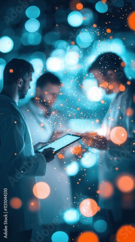 Scientific research collaboration among professionals in a modern laboratory setting with dynamic visual effects