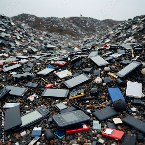 A sprawling landfill filled with discarded electronics, such as smartphones, computers, and televisions photo