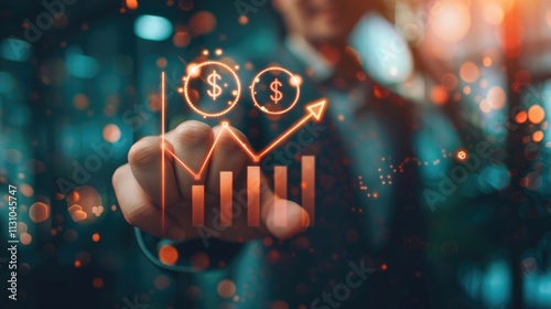 Interest rate and dividend, Businessman hold up arrow icon and percentage with graph indicators for  photo