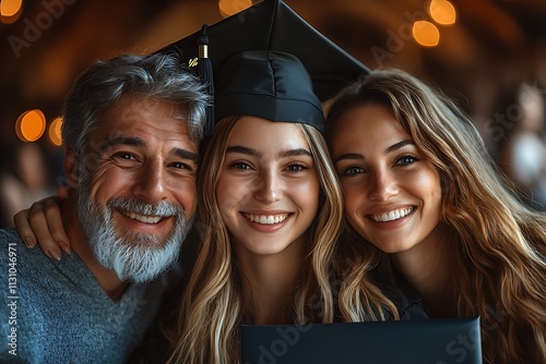 A proud father celebrates his daughter's graduation with her sister, capturing a joyful family moment. photo