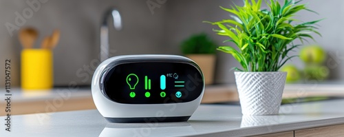 A modern smart device with a digital display sits on a kitchen counter, surrounded by greenery and contemporary decor.