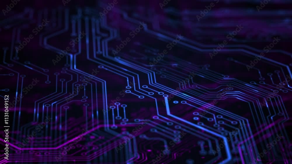 Blue futuristic printed circuit board. 3D render abstract network technology background. Digital server code processing or AI artificial intelligence deep machine learning concept