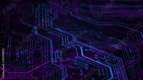 Blue futuristic printed circuit board. 3D render abstract network technology background. Digital server code processing or AI artificial intelligence deep machine learning concept