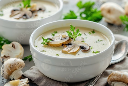 Vintage style white bowl with creamy mushroom and potato soup photo