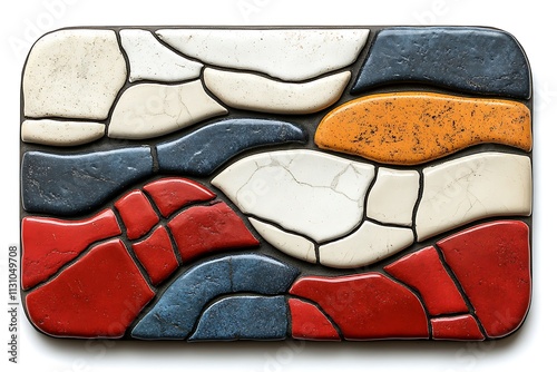 Abstract ceramic tile mosaic artwork with colorful geometric shapes and a modern minimalist style.