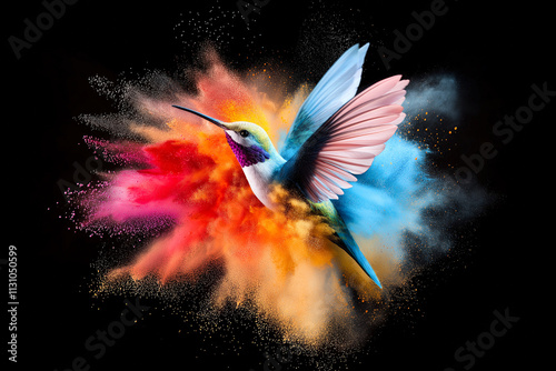 vibrant hummingbird surrounded by colorful powder bursts, showcasing stunning display of colors. dynamic composition captures beauty and grace of this bird in motion photo