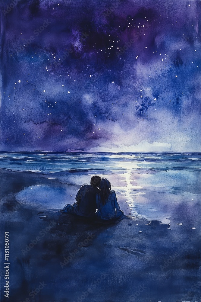 Obraz premium Romantic Couple Sitting on a Beach Under a Starry Night Sky with Reflections on the Water
