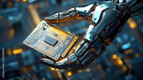 A robot is holding a computer chip in its hand