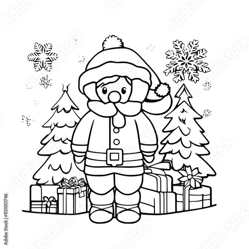 A black and white illustration of Santa Claus standing in a snowy landscape.
