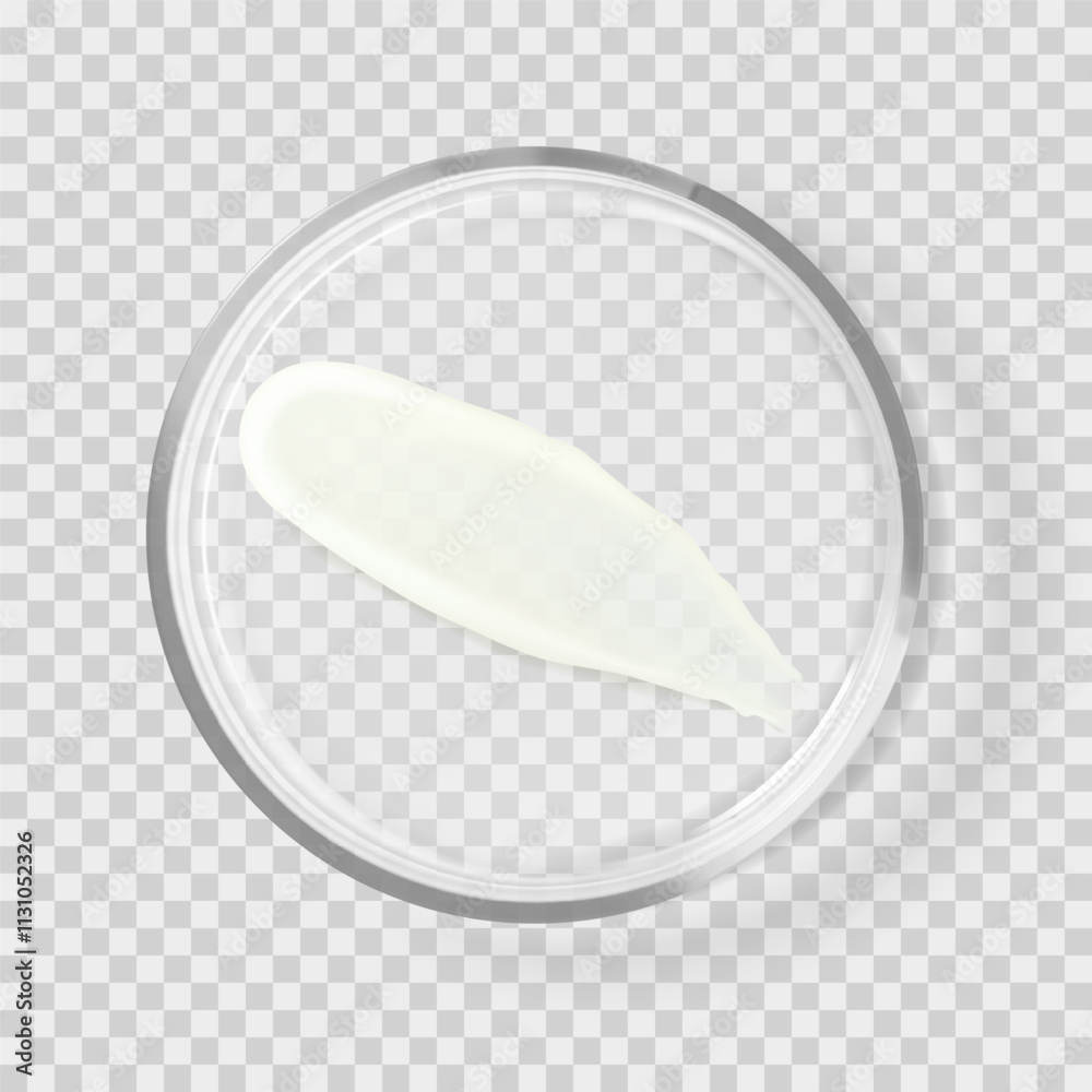 Minimal clean white moisturizer cream stroke skincare beauty product on petri dish isolated realistic vector illustration. Skin care cosmetic laboratory tests and research