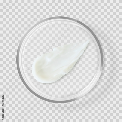 Moisturizer cream skincare beauty product smear on petri dish isolated realistic vector illustration. Facial cleanser, peeling, shampoo, lotion, or shower gel texture swatch
